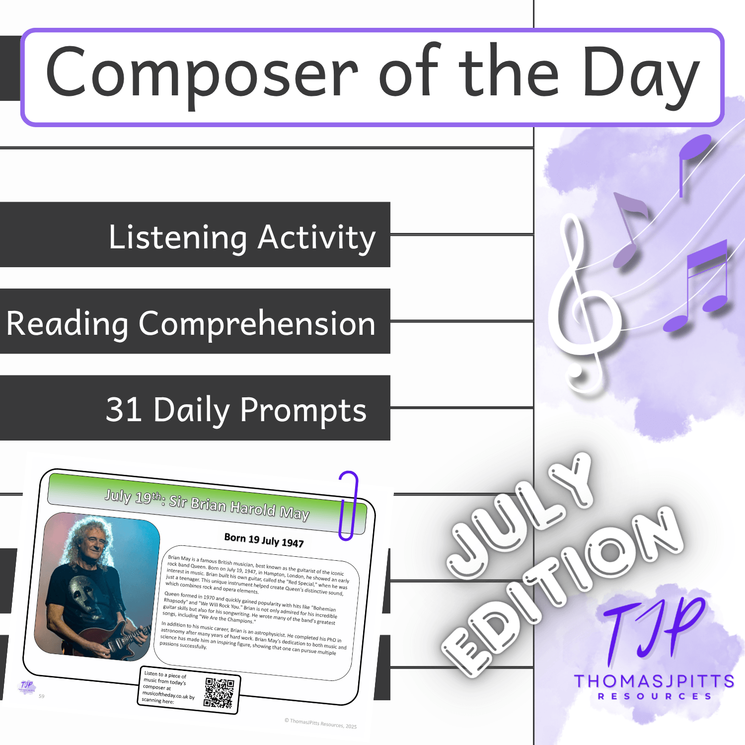 🎼 July Composers – Daily Music & Reading Comprehension (Ages 8+)